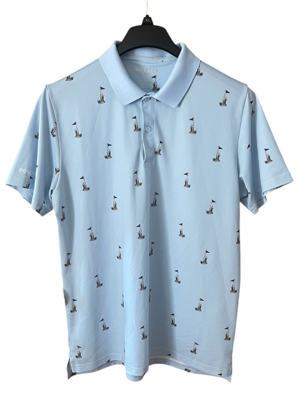 Bonobos Light Blue Polo w/All Over Golf Flag/Course Print Performance Slim Fit L